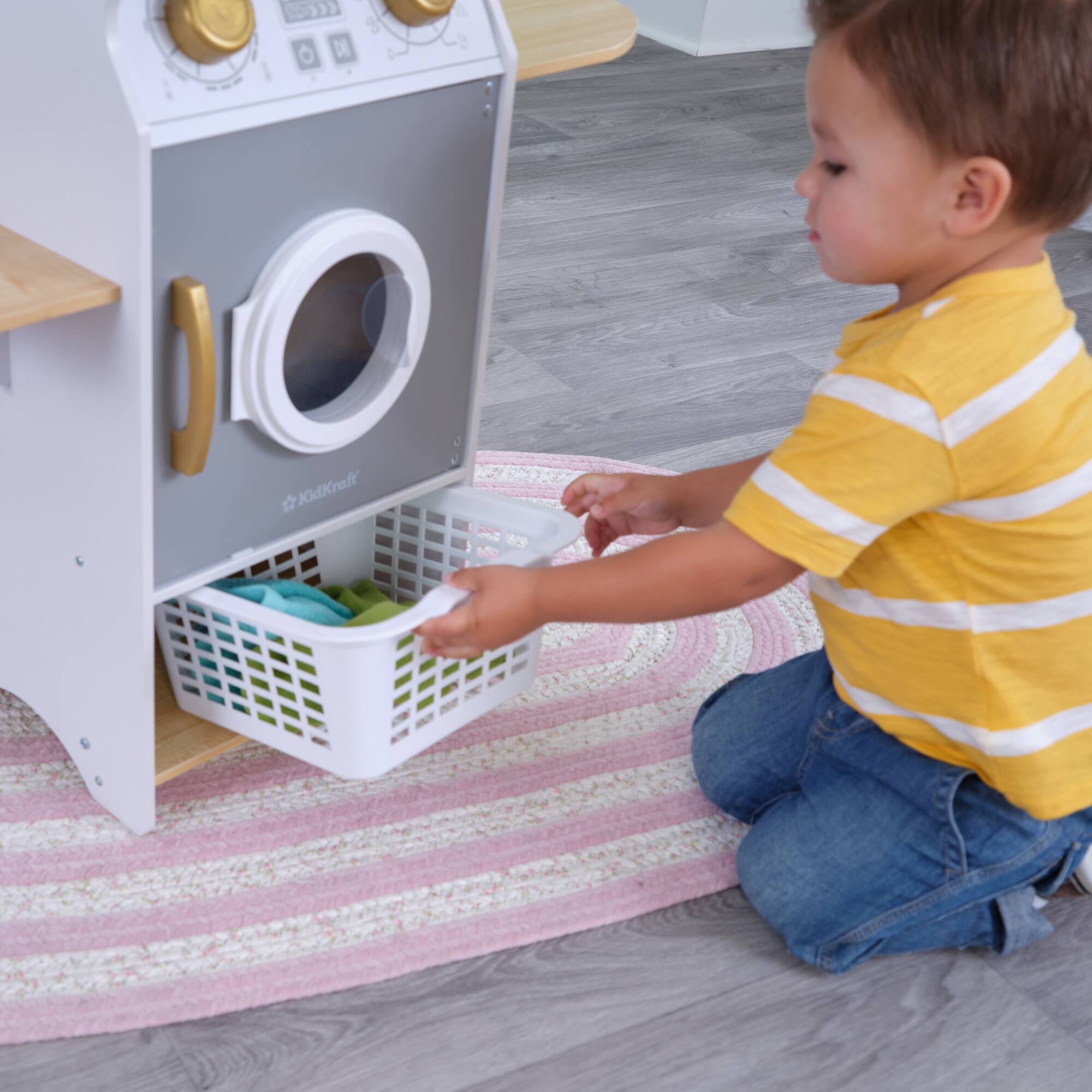 KidKraft White Wooden Laundry Play Set, Stacking Washer & Dryer with Iron & Basket